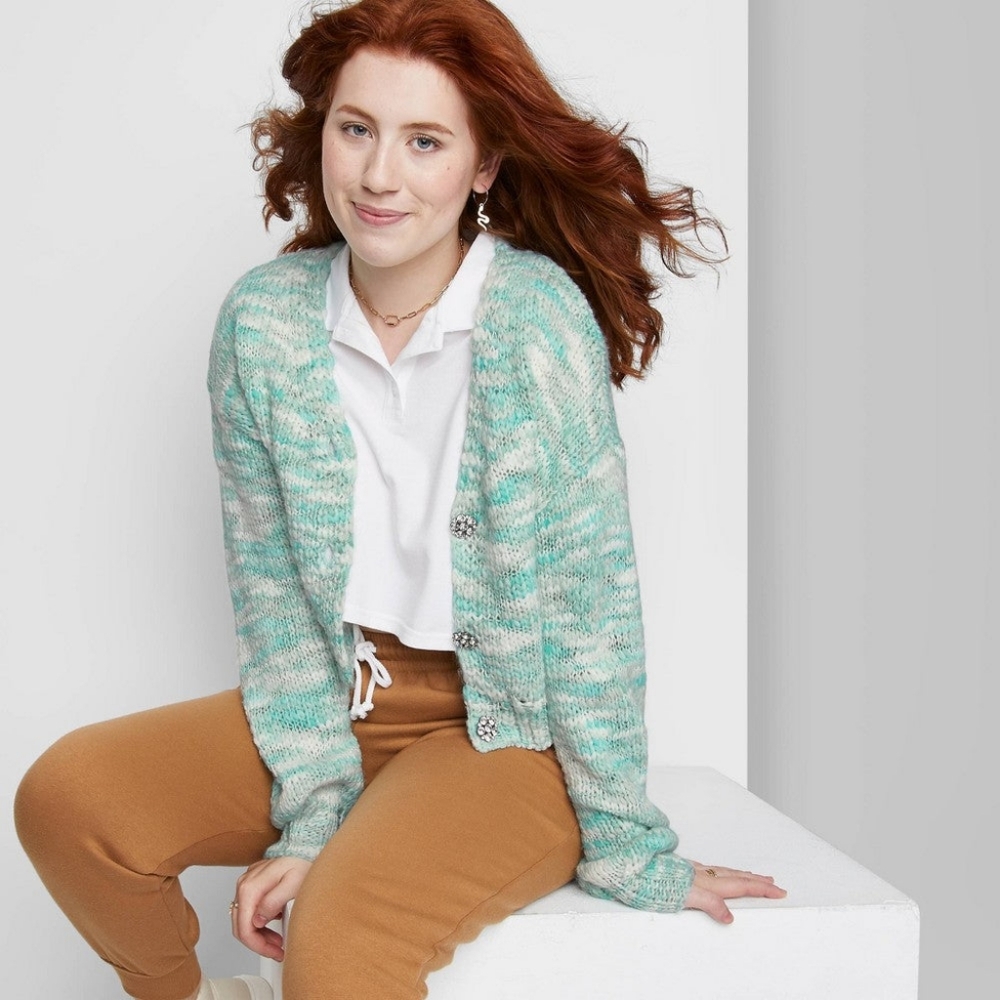 Wild Fable Chunky Cropped Cardigan in Mint Green Spacedye